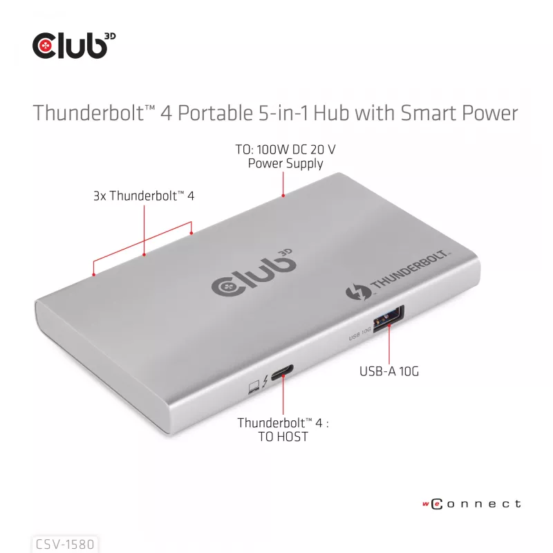 Hub portátil 5-em-1 CLUB3D certificado Thunderbolt™4 com Smart Power