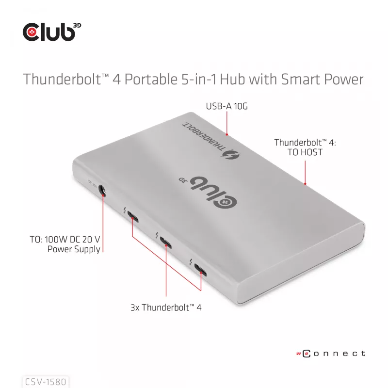 Hub portátil 5-em-1 CLUB3D certificado Thunderbolt™4 com Smart Power