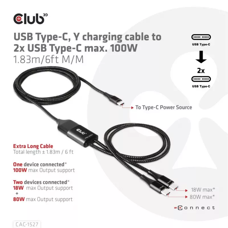 CLUB3D USB Type-C, cabo de carregamento em Y para 2x USB Type-C, máx. 100W, 1,83m/6ft M/M