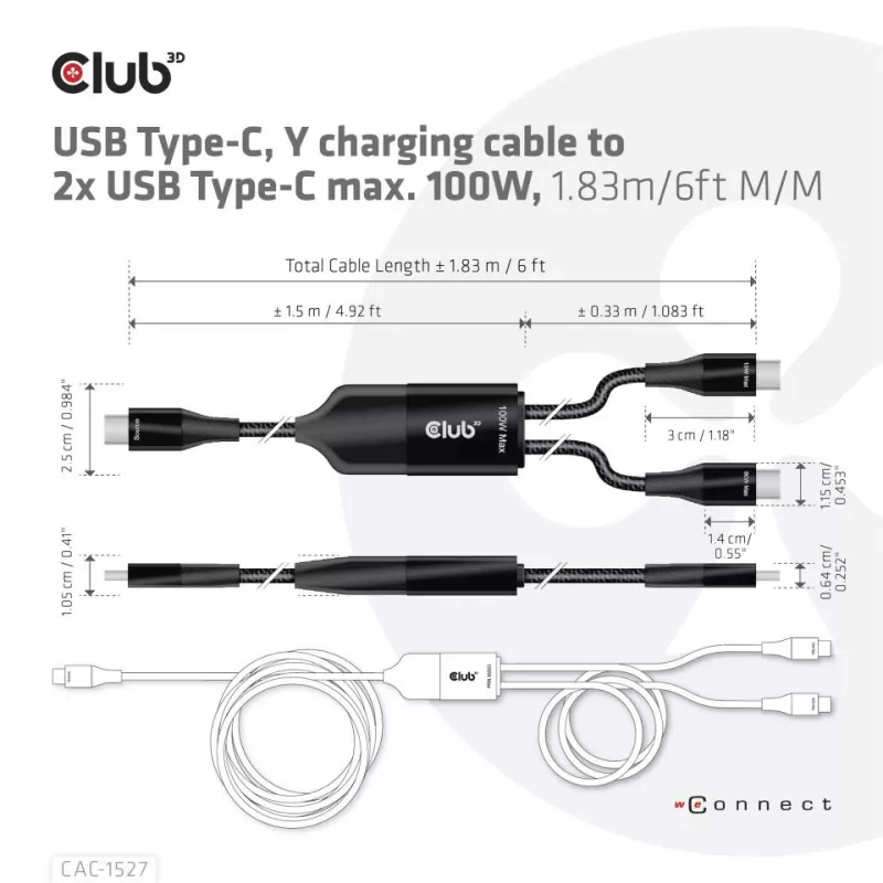 CLUB3D USB Type-C, cabo de carregamento em Y para 2x USB Type-C, máx. 100W, 1,83m/6ft M/M