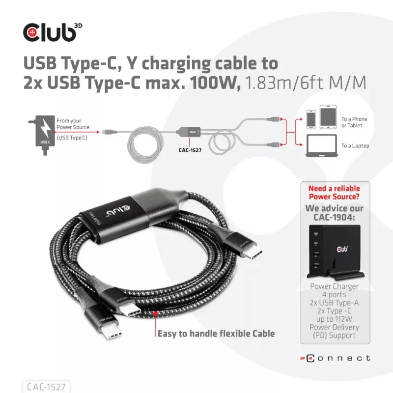 CLUB3D USB Type-C, cabo de carregamento em Y para 2x USB Type-C, máx. 100W, 1,83m/6ft M/M