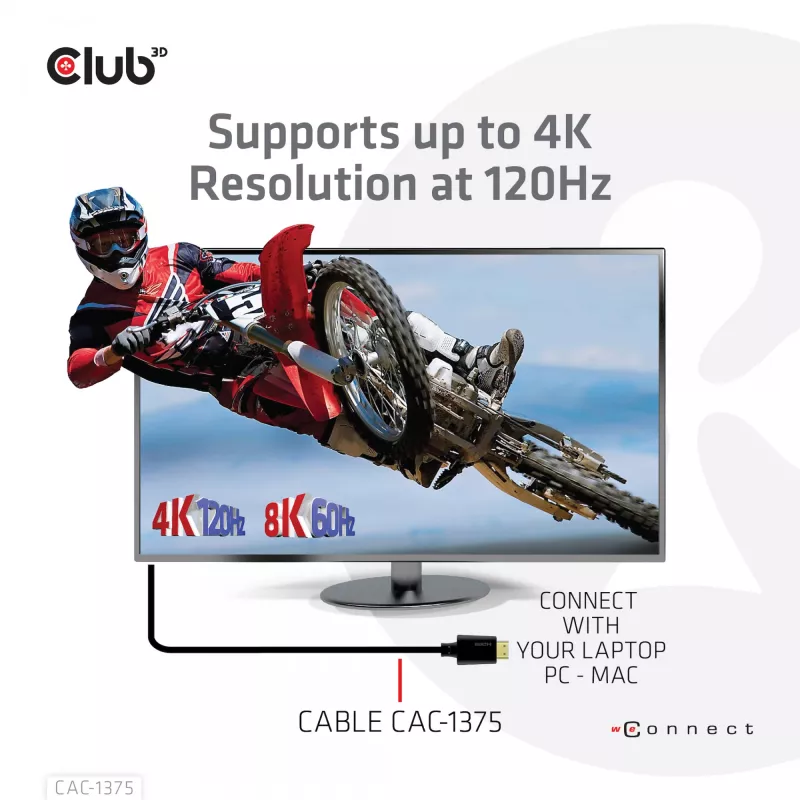 Cabo Certificado HDMI™ Ultra High Speed CLUB3D 4K120Hz 8K60Hz 48Gbps M/M 5m/16.4ft