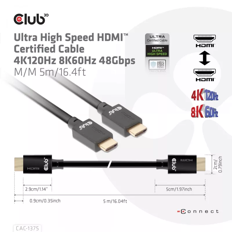 Cabo Certificado HDMI™ Ultra High Speed CLUB3D 4K120Hz 8K60Hz 48Gbps M/M 5m/16.4ft