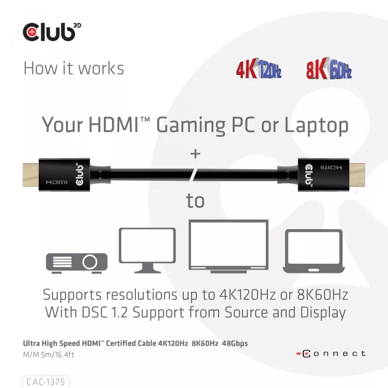 Cabo Certificado HDMI™ Ultra High Speed CLUB3D 4K120Hz 8K60Hz 48Gbps M/M 5m/16.4ft