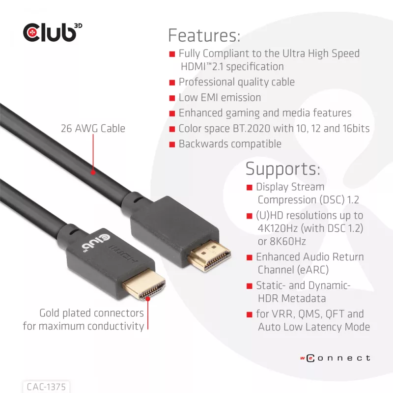Cabo Certificado HDMI™ Ultra High Speed CLUB3D 4K120Hz 8K60Hz 48Gbps M/M 5m/16.4ft