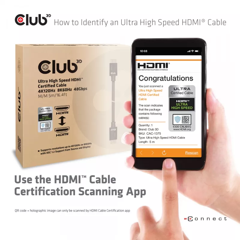 Cabo Certificado HDMI™ Ultra High Speed CLUB3D 4K120Hz 8K60Hz 48Gbps M/M 5m/16.4ft