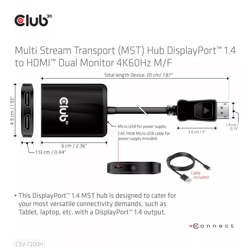 CLUB3D Multi Stream Transport (MST) Hub DisplayPort 1.4 para HDMI monitor duplo 4K60Hz M/F