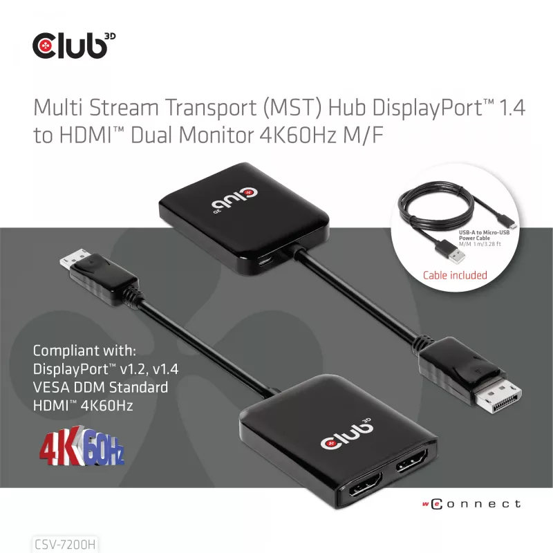 CLUB3D Multi Stream Transport (MST) Hub DisplayPort 1.4 para HDMI monitor duplo 4K60Hz M/F