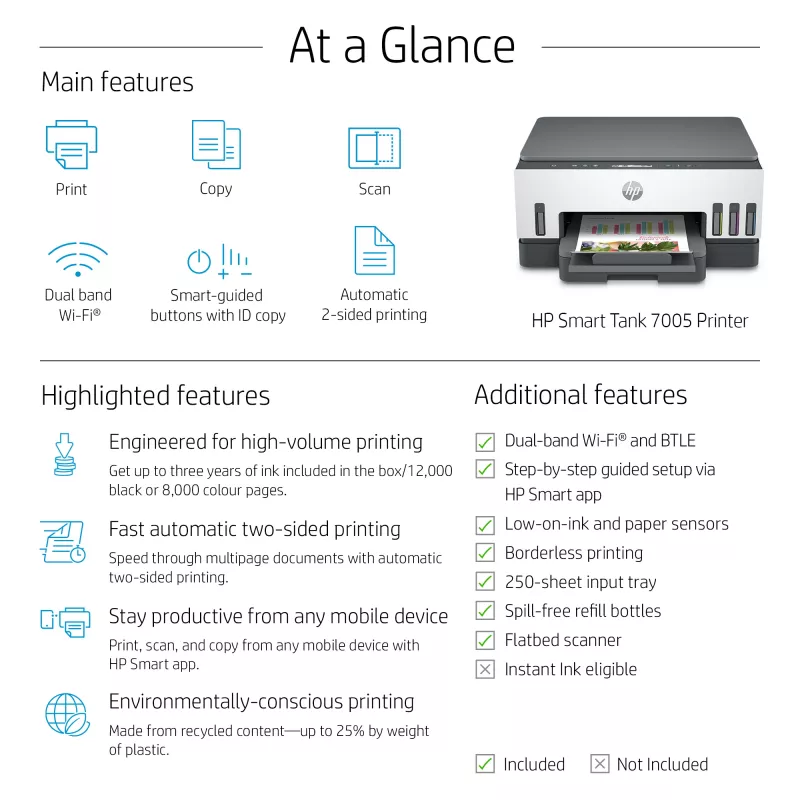 HP Smart Tank 7005 Impressora multifunções a cores sem fios, impressão frente e verso; copiadora, scanner
