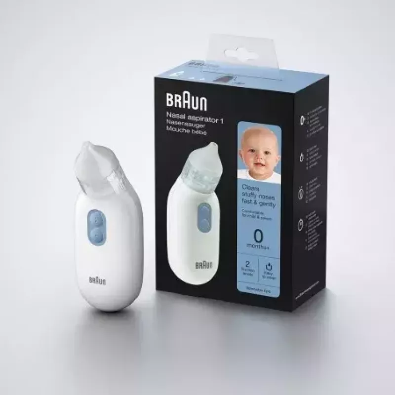 Aspirador nasal elétrico BRAUN BNA 100 — a pilhas, força de aspiração ajustável, pontas removíveis, branco