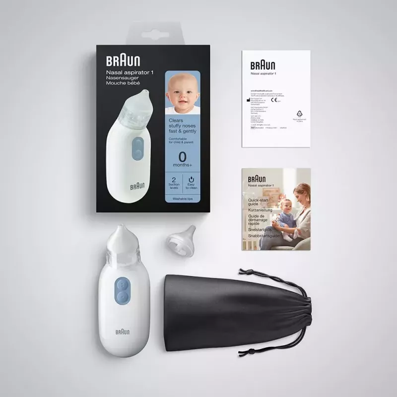 Aspirador nasal elétrico BRAUN BNA 100 — a pilhas, força de aspiração ajustável, pontas removíveis, branco
