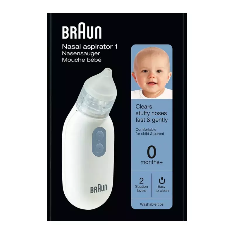 Aspirador nasal elétrico BRAUN BNA 100 — a pilhas, força de aspiração ajustável, pontas removíveis, branco