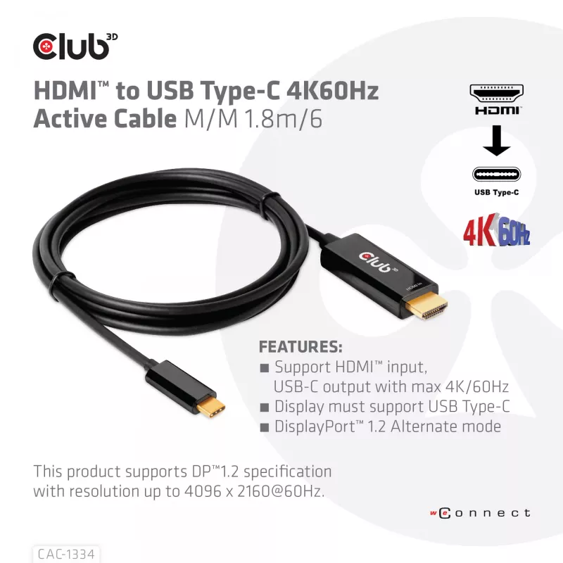 Cabo ativo CLUB3D HDMI para USB Type-C 4K60Hz M/M 1,8 m/6 ft