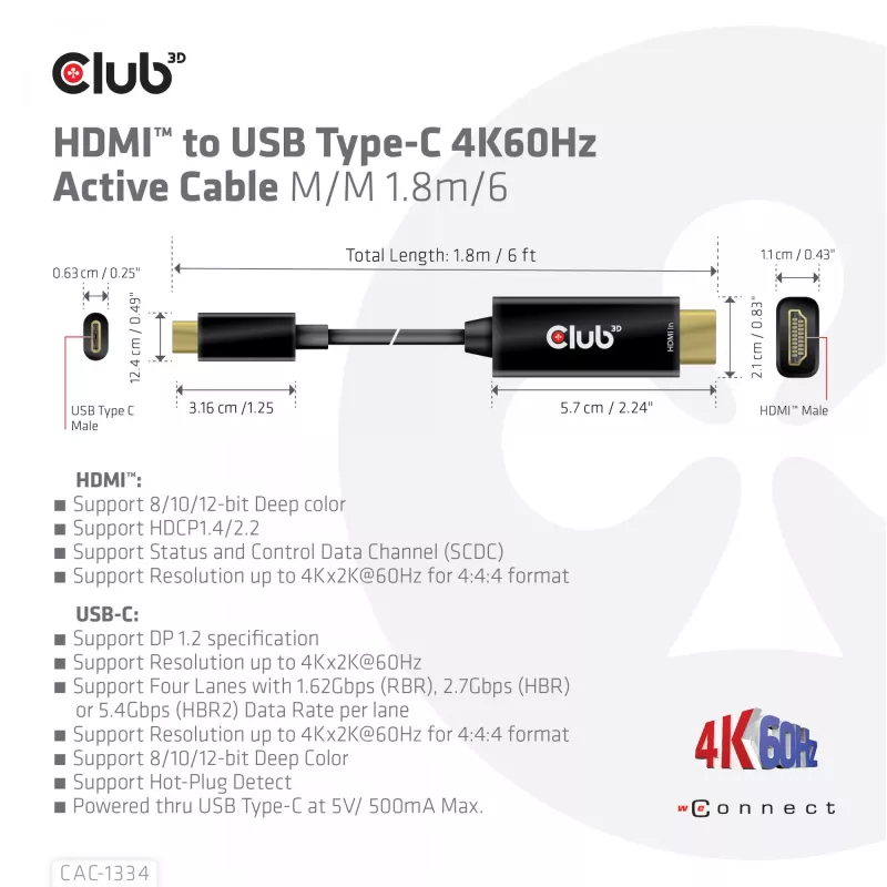 Cabo ativo CLUB3D HDMI para USB Type-C 4K60Hz M/M 1,8 m/6 ft