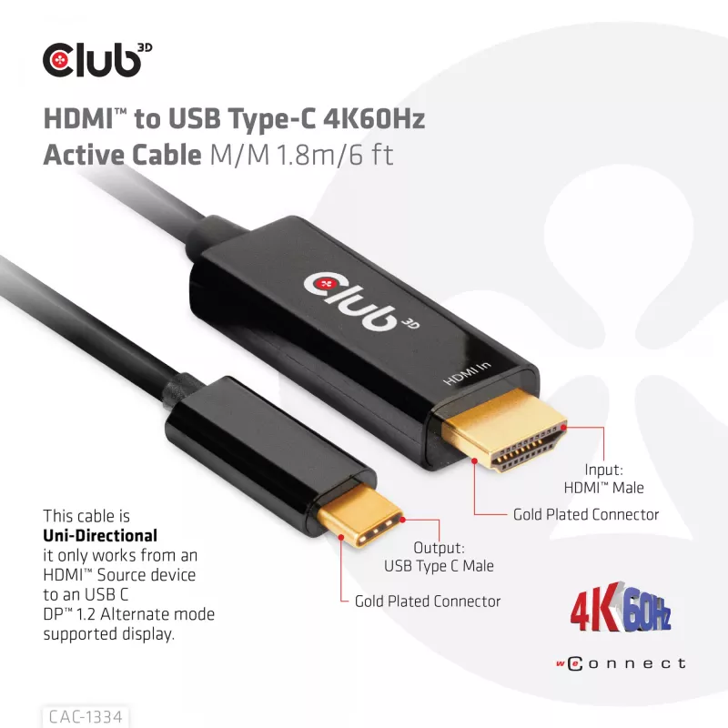 Cabo ativo CLUB3D HDMI para USB Type-C 4K60Hz M/M 1,8 m/6 ft