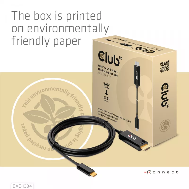 Cabo ativo CLUB3D HDMI para USB Type-C 4K60Hz M/M 1,8 m/6 ft