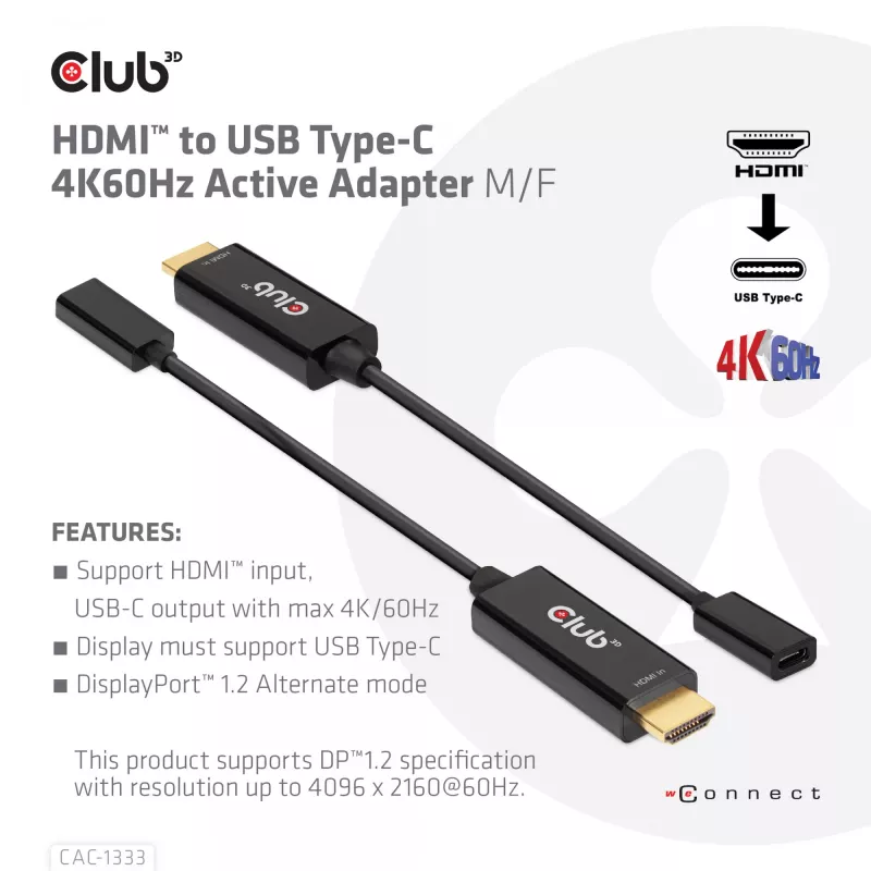 Adaptador ativo CLUB3D HDMI para USB Type-C 4K60Hz M/F