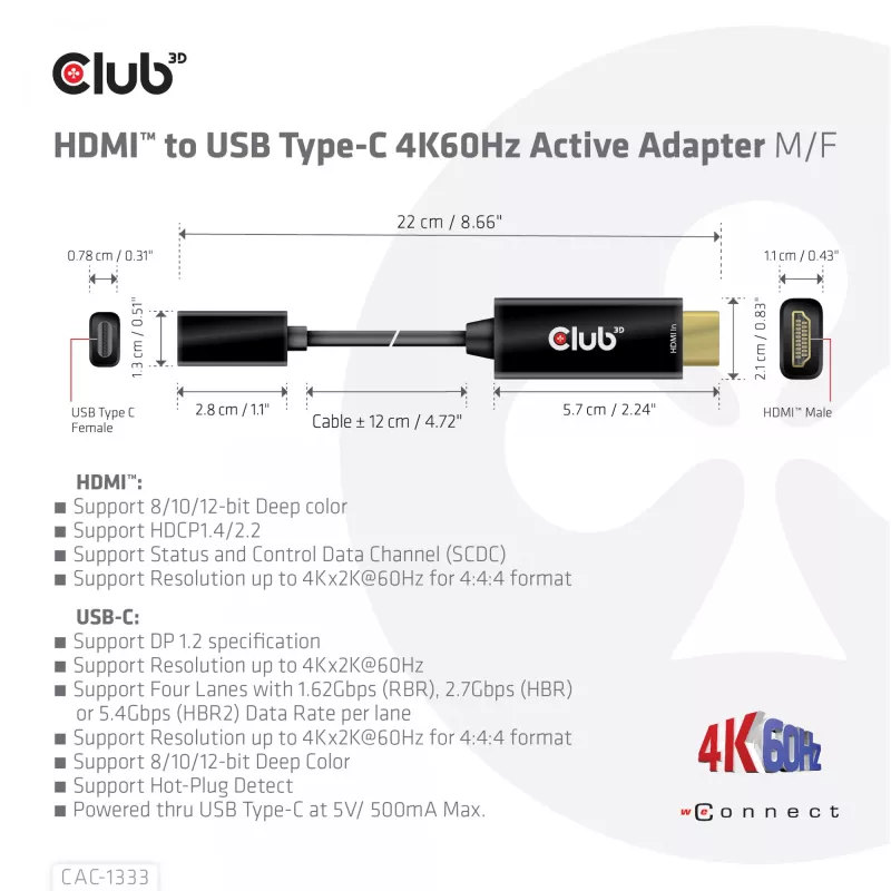 Adaptador ativo CLUB3D HDMI para USB Type-C 4K60Hz M/F