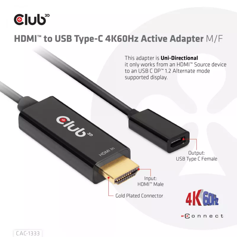 Adaptador ativo CLUB3D HDMI para USB Type-C 4K60Hz M/F