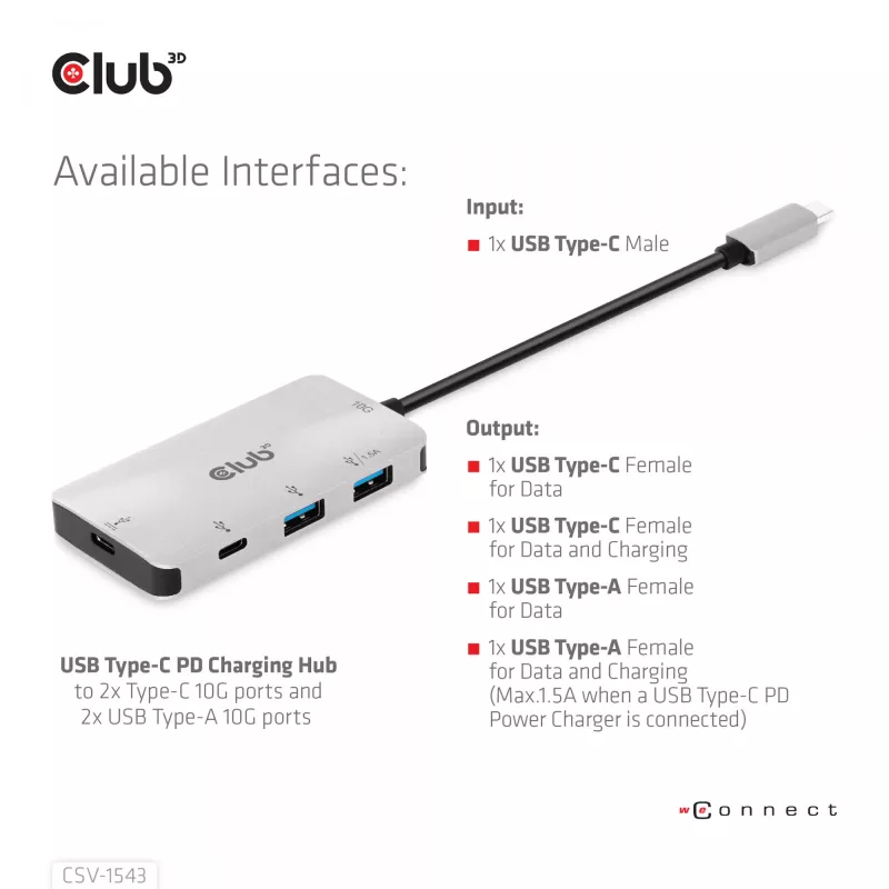 Hub de carregamento CLUB3D USB Gen2 Type-C PD com 2 portas Type-C 10G e 2 portas USB Type-A 10G
