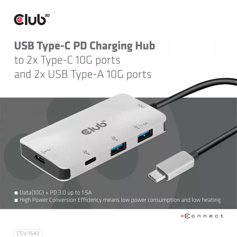 Hub de carregamento CLUB3D USB Gen2 Type-C PD com 2 portas Type-C 10G e 2 portas USB Type-A 10G