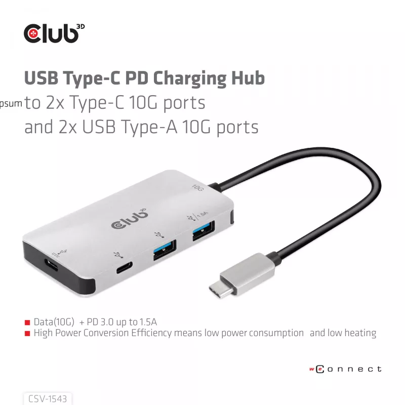 Hub de carregamento CLUB3D USB Gen2 Type-C PD com 2 portas Type-C 10G e 2 portas USB Type-A 10G