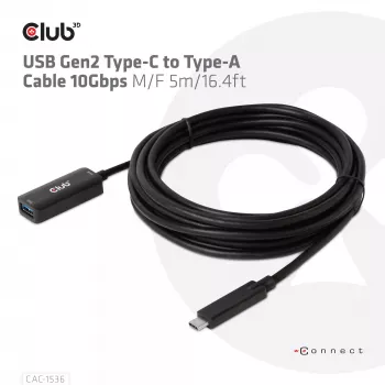 Cabo CLUB3D USB Gen2 Type-C para Type-A 10Gbps M/F 5m/16.4ft