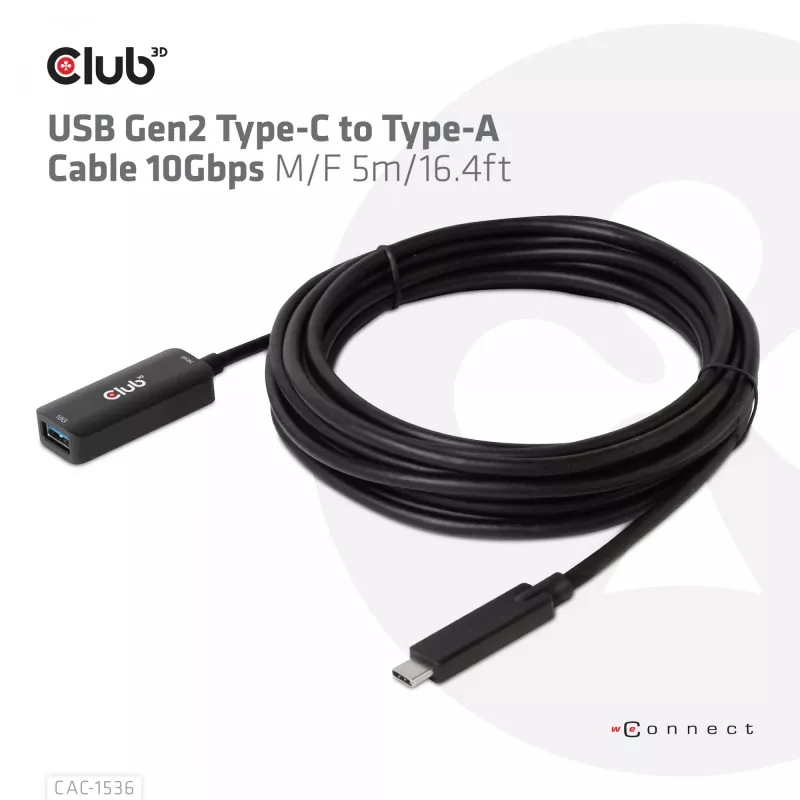 Club 3D CAC-1536 cabo de extensão USB 3.2 Gen2 de Type-C para Type-A, 10 Gbps, macho/fêmea, 5 m, preto