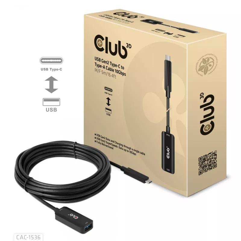 Club 3D CAC-1536 cabo de extensão USB 3.2 Gen2 de Type-C para Type-A, 10 Gbps, macho/fêmea, 5 m, preto