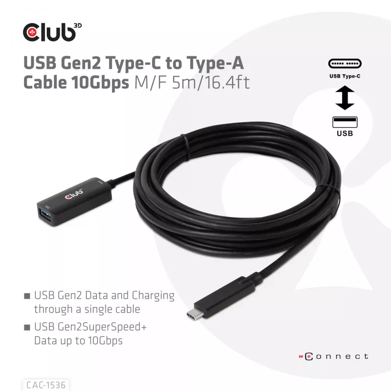 Club 3D CAC-1536 cabo de extensão USB 3.2 Gen2 de Type-C para Type-A, 10 Gbps, macho/fêmea, 5 m, preto