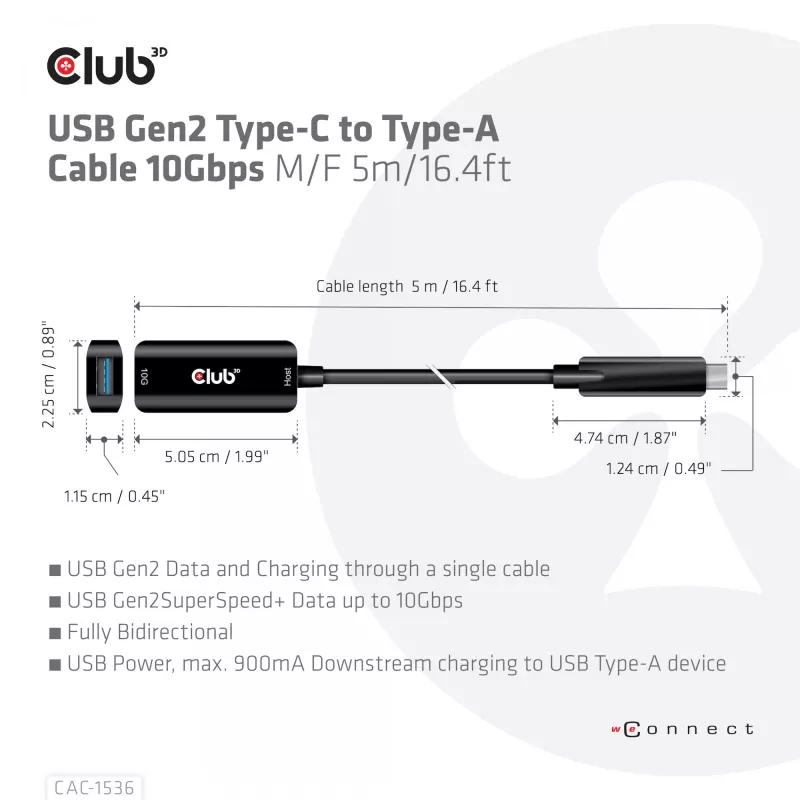 Club 3D CAC-1536 cabo de extensão USB 3.2 Gen2 de Type-C para Type-A, 10 Gbps, macho/fêmea, 5 m, preto