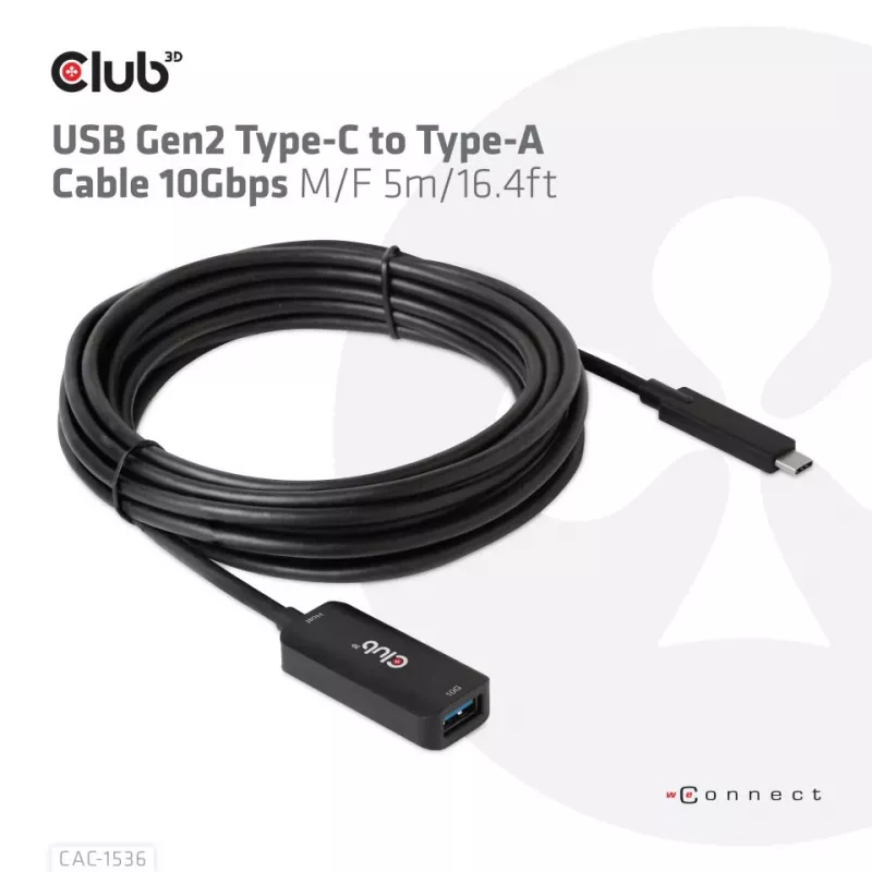 Club 3D CAC-1536 cabo de extensão USB 3.2 Gen2 de Type-C para Type-A, 10 Gbps, macho/fêmea, 5 m, preto