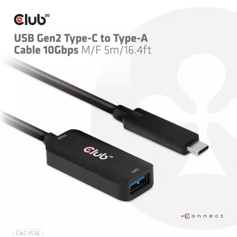 Club 3D CAC-1536 cabo de extensão USB 3.2 Gen2 de Type-C para Type-A, 10 Gbps, macho/fêmea, 5 m, preto