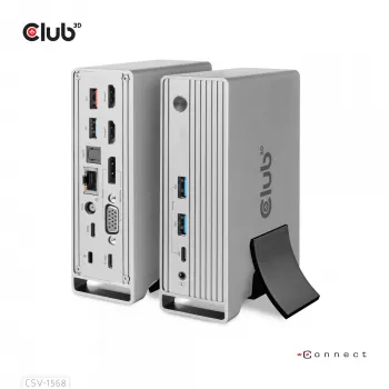 Docking Station CLUB3D CSV-1568 caixa metálica USB Gen2 Type-C USB Gen2 Type-A HDMI DP VGA RJ45 120W