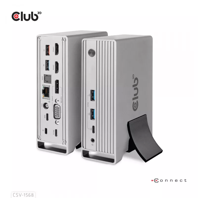 Docking Station CLUB3D CSV-1568 caixa metálica USB Gen2 Type-C USB Gen2 Type-A HDMI DP VGA RJ45 120W