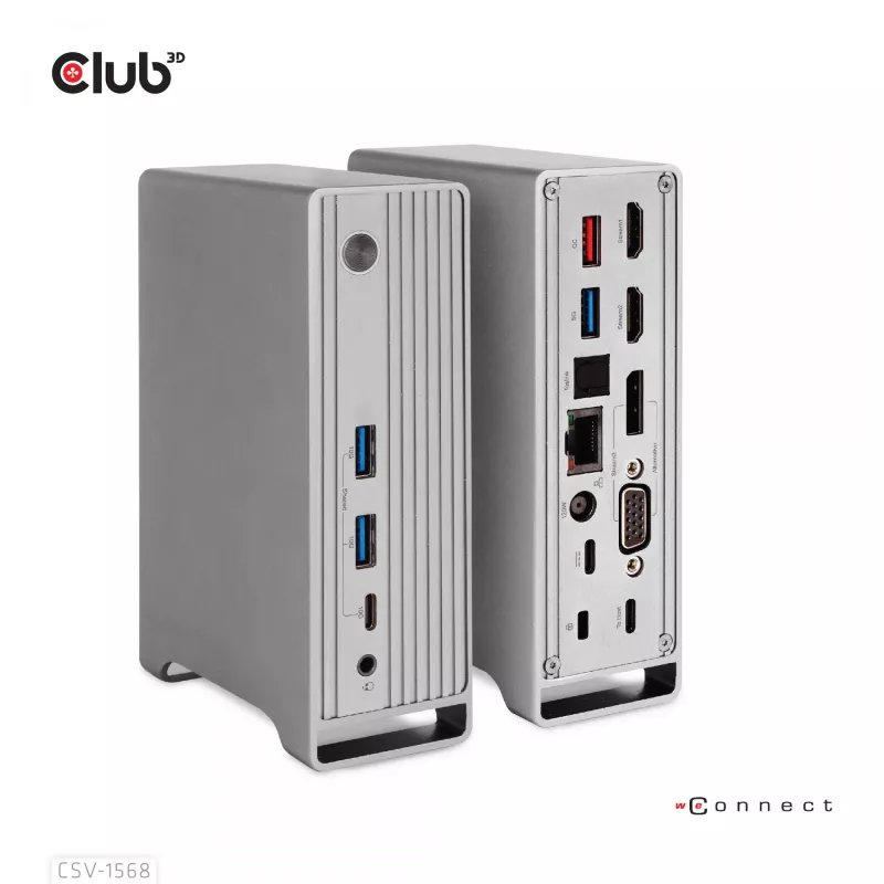Docking Station CLUB3D CSV-1568 caixa metálica USB Gen2 Type-C USB Gen2 Type-A HDMI DP VGA RJ45 120W