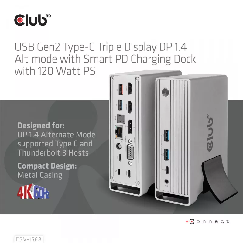 Docking Station CLUB3D CSV-1568 caixa metálica USB Gen2 Type-C USB Gen2 Type-A HDMI DP VGA RJ45 120W