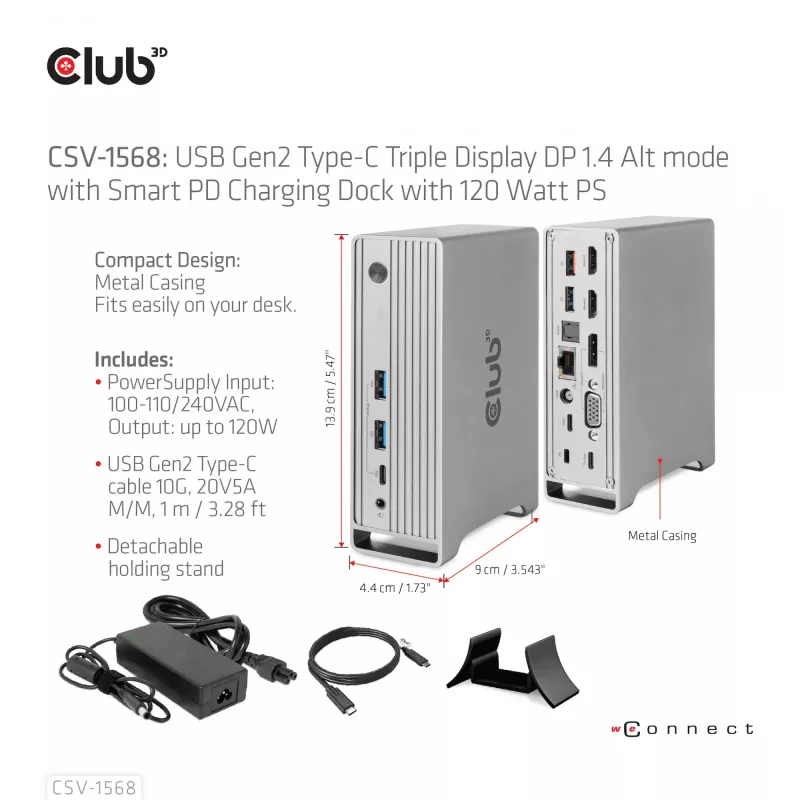 Docking Station CLUB3D CSV-1568 caixa metálica USB Gen2 Type-C USB Gen2 Type-A HDMI DP VGA RJ45 120W