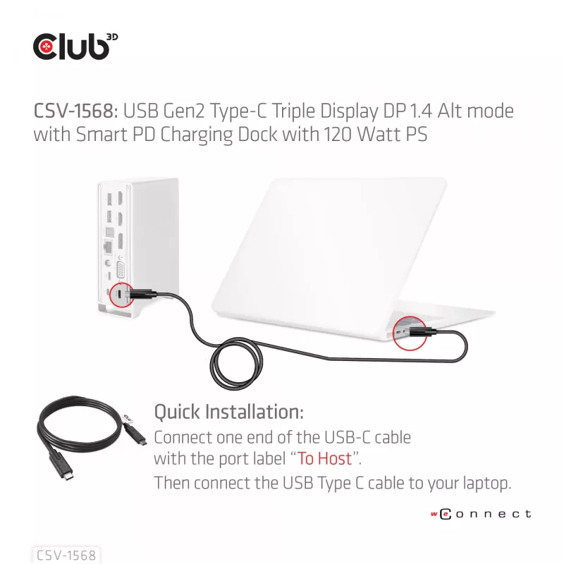 Docking Station CLUB3D CSV-1568 caixa metálica USB Gen2 Type-C USB Gen2 Type-A HDMI DP VGA RJ45 120W