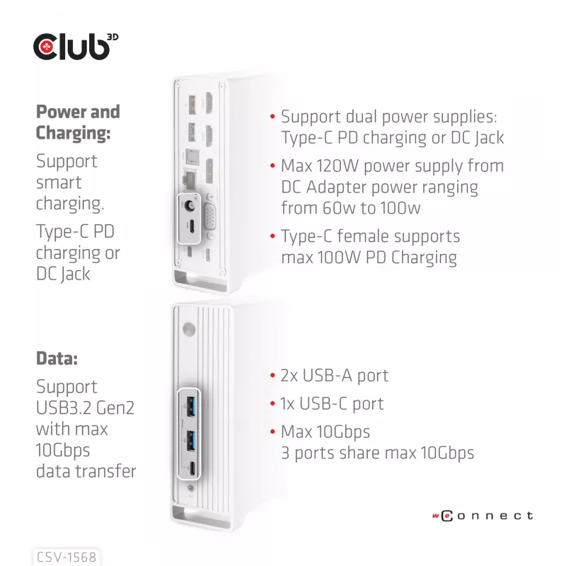 Docking Station CLUB3D CSV-1568 caixa metálica USB Gen2 Type-C USB Gen2 Type-A HDMI DP VGA RJ45 120W