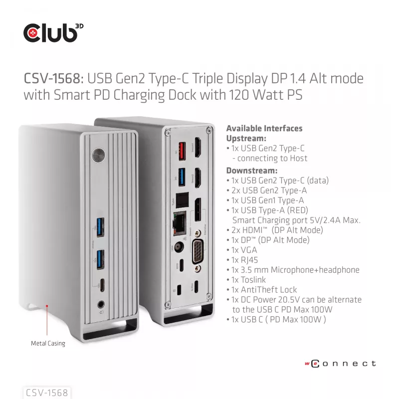 Docking Station CLUB3D CSV-1568 caixa metálica USB Gen2 Type-C USB Gen2 Type-A HDMI DP VGA RJ45 120W
