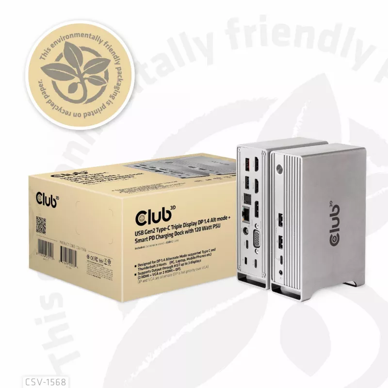 Docking Station CLUB3D CSV-1568 caixa metálica USB Gen2 Type-C USB Gen2 Type-A HDMI DP VGA RJ45 120W