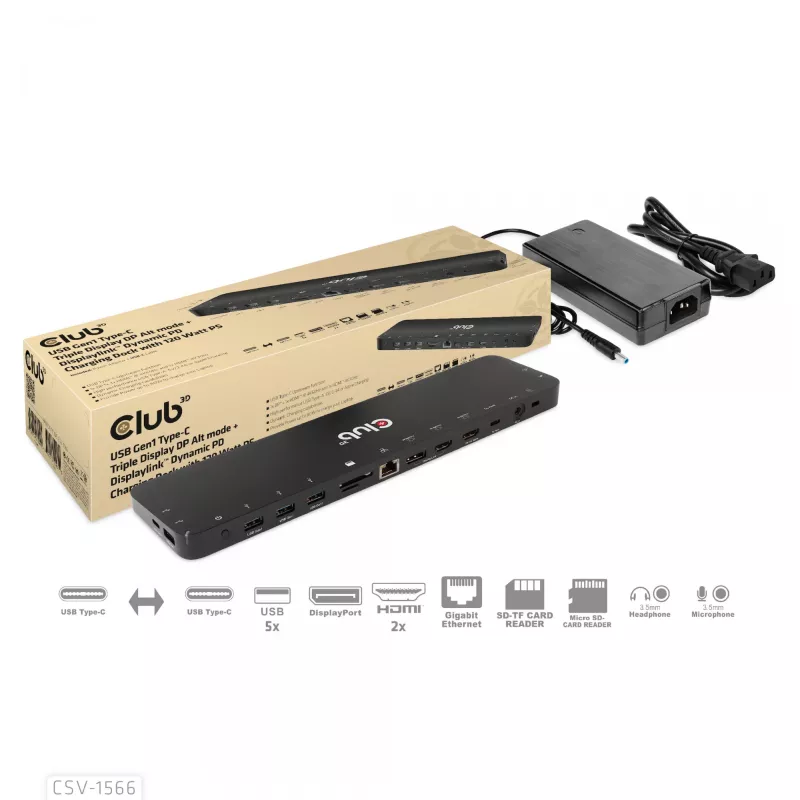 CLUB3D Docking Station USB Gen1 Type-C Triple Display DP Alt Mode Displaylink Dynamic PD Charging com fonte de alimentação de 120 Watt