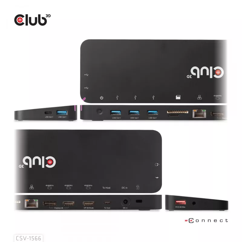 CLUB3D Docking Station USB Gen1 Type-C Triple Display DP Alt Mode Displaylink Dynamic PD Charging com fonte de alimentação de 120 Watt