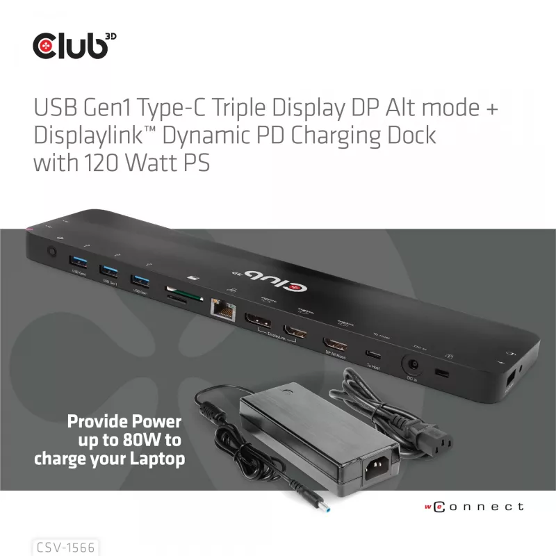CLUB3D Docking Station USB Gen1 Type-C Triple Display DP Alt Mode Displaylink Dynamic PD Charging com fonte de alimentação de 120 Watt