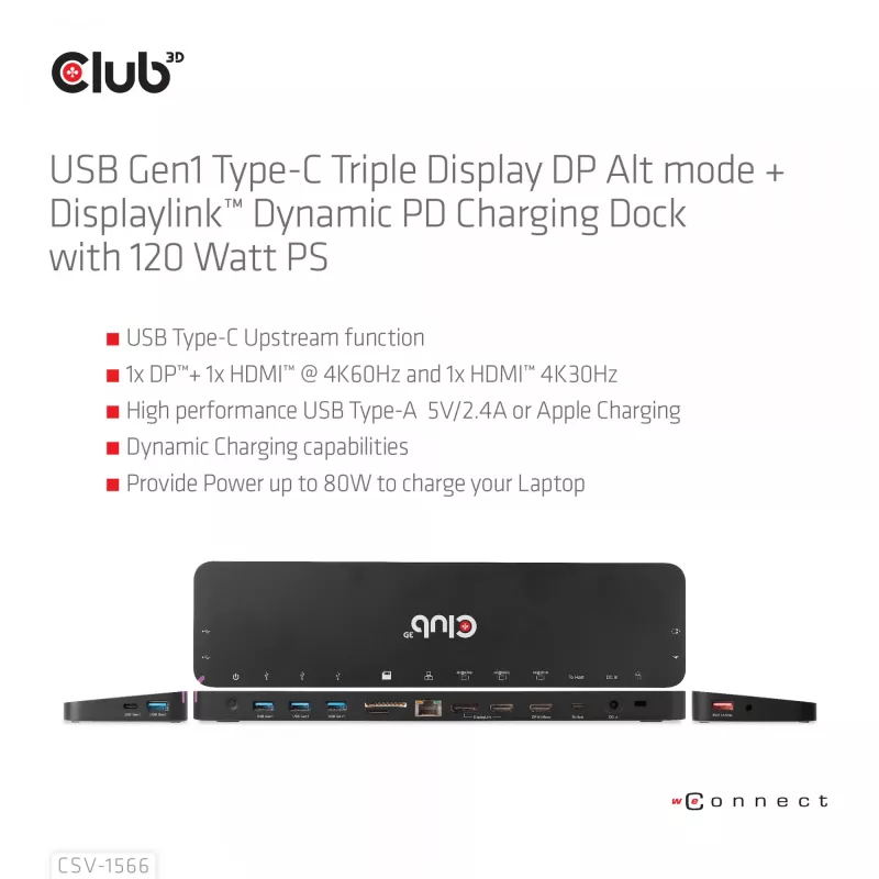 CLUB3D Docking Station USB Gen1 Type-C Triple Display DP Alt Mode Displaylink Dynamic PD Charging com fonte de alimentação de 120 Watt