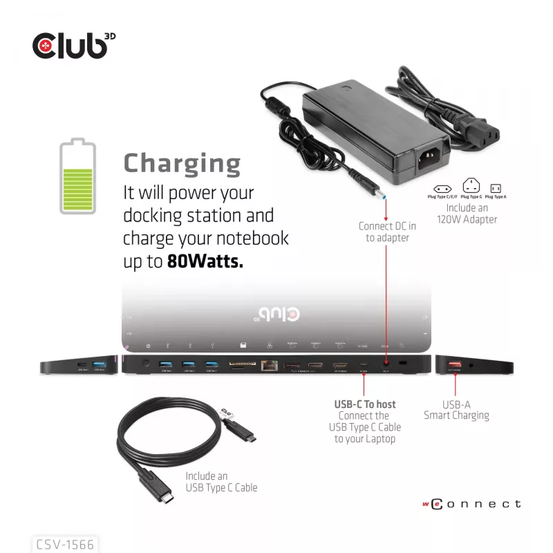 CLUB3D Docking Station USB Gen1 Type-C Triple Display DP Alt Mode Displaylink Dynamic PD Charging com fonte de alimentação de 120 Watt