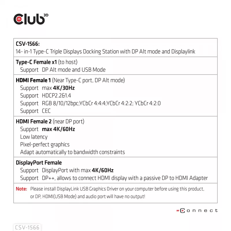 CLUB3D Docking Station USB Gen1 Type-C Triple Display DP Alt Mode Displaylink Dynamic PD Charging com fonte de alimentação de 120 Watt