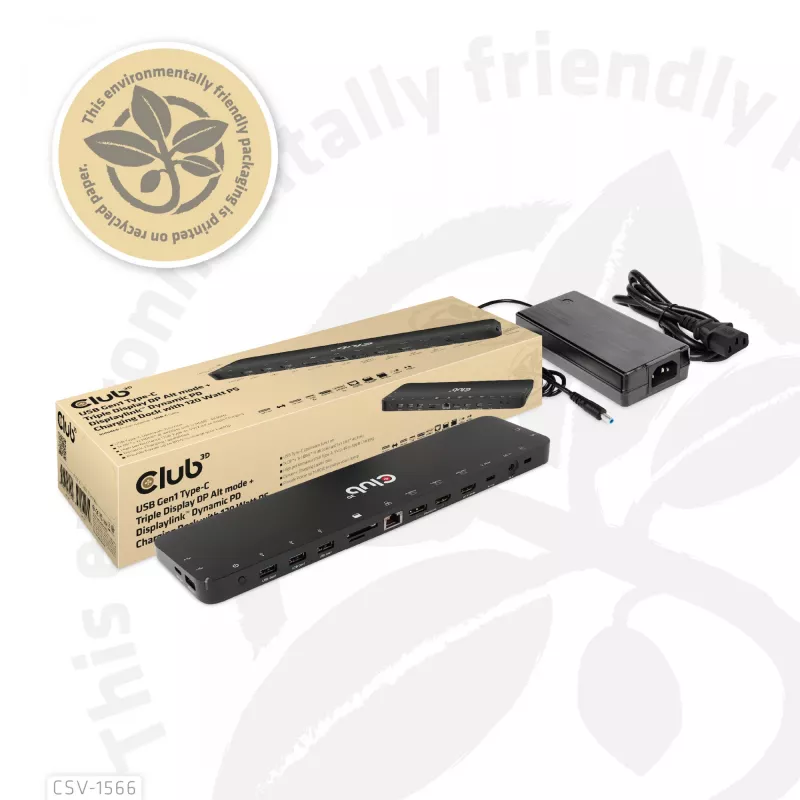 CLUB3D Docking Station USB Gen1 Type-C Triple Display DP Alt Mode Displaylink Dynamic PD Charging com fonte de alimentação de 120 Watt