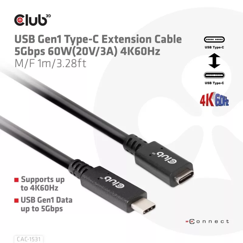 Cabo de extensão USB Gen1 Type-C CLUB3D CAC-1531, 1 m, USB-C macho para 2× USB-C fêmea, 5 Gbps, 60 W PD, 4K@60Hz